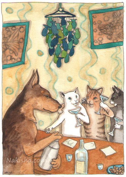 Three Cats at the Bar, Painting by Nakisha