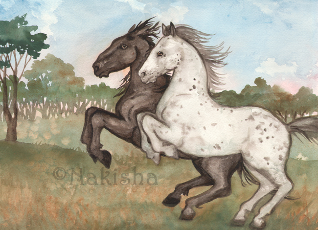 Brothers, horse watercolor by Nakisha