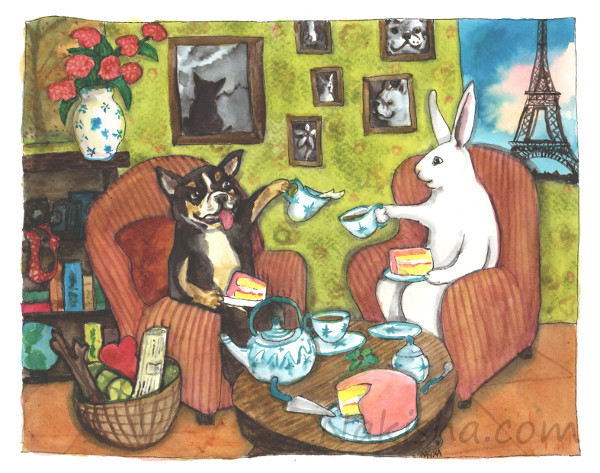 Tea with French Bulldog, Painting by Nakisha