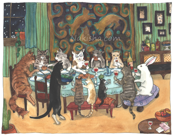 Dinner with the Kitties, Painting by Nakisha