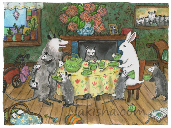 Tea with Opossums, Painting by Nakisha