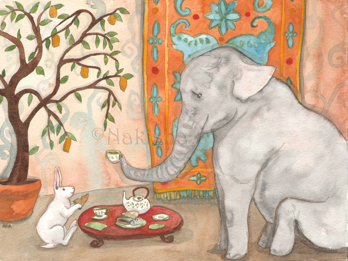 Tea with Elephant Watercolor by Nakisha